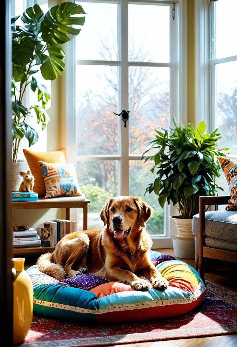 A warm and inviting living room filled with playful pets; a dog happily training with its owner, a cat lounging on a colorful pet bed, and a corner showcasing wellness products like organic treats and toys. Sunlight streams through a large window, illuminating a family photo wall that celebrates pet adoption and advocacy. The scene radiates joy and love for animals. super-realistic. vibrant colors. cozy atmosphere.