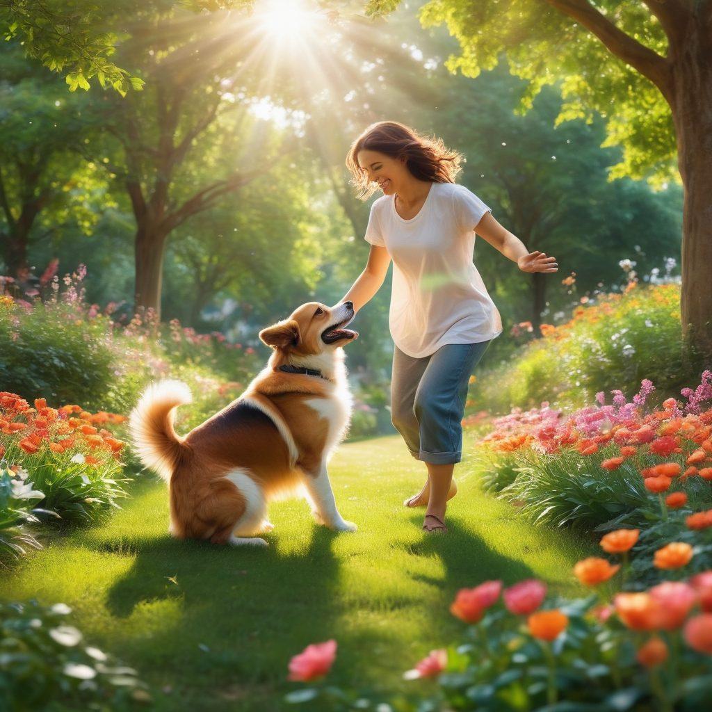 A heartfelt scene showing a person joyfully playing with a rescued dog in a sunny park, surrounded by lush greenery and colorful flowers. Include a few happy adopted pets interacting with families in the background, symbolizing companionship and love. The atmosphere should feel warm and inviting, conveying the journey from rescue to loving adoption. super-realistic. vibrant colors. cheerful ambiance.