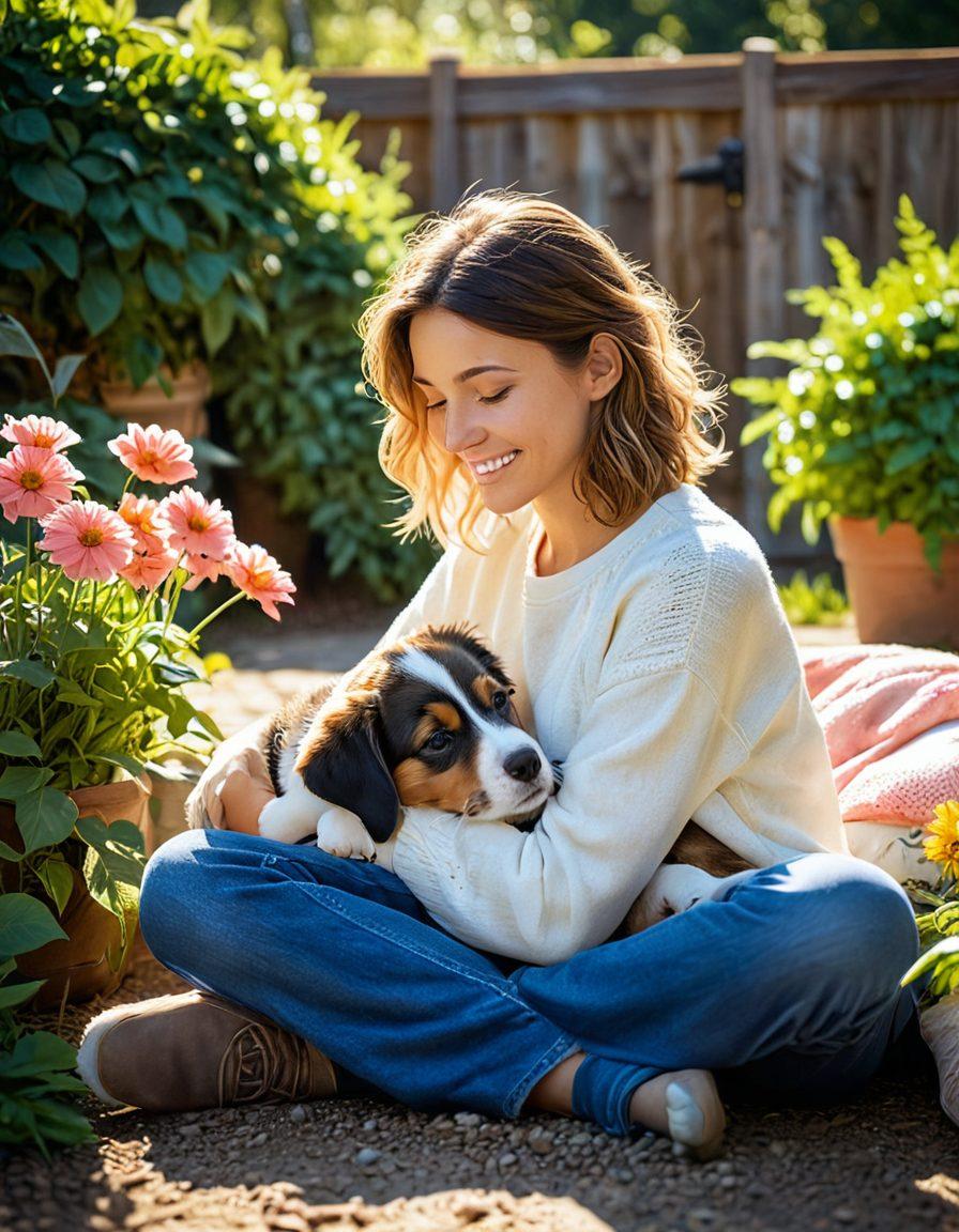 A heartwarming scene of a person cuddling a playful puppy in a sunlit garden, surrounded by blooming flowers, conveying a sense of joy and companionship. Soft, warm color palette highlighting the bond between humans and animals, with small paw prints leading to a cozy pet bed in the background. super-realistic. vibrant colors. soft focus.